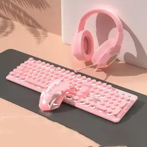 Pink Mechanical Wired Keyboard And Mouse Set For Gaming